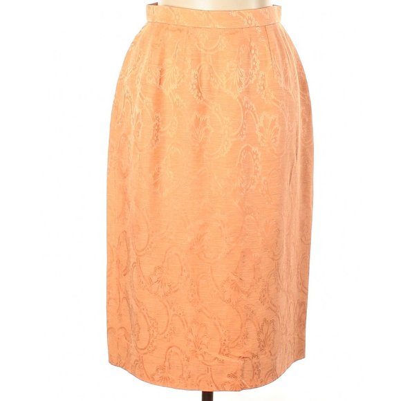 Silk Linen Vintage Tangerine Orange Brocade Pencil Skirt Carlisle 80s Designer